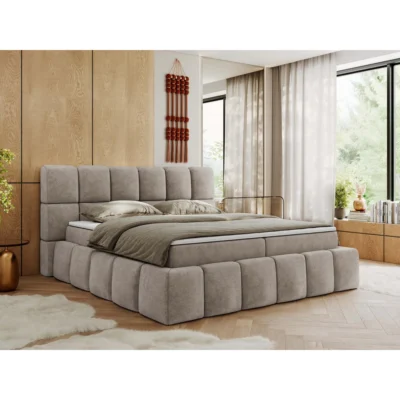 MKS Boxspringbett NIRA in Beige, Liegefläche 120x200 cm – mit Bettkasten, Taschenfederkern
